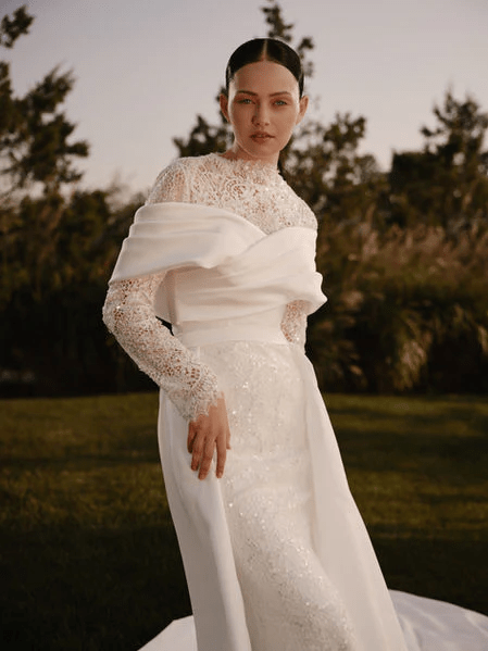Mermaid Wedding Gown with Mikado Corset and Convertible Overskirt – Long Sleeves Wedding Dress with High Neck Plus Size - Eliana - WonderlandByLilian