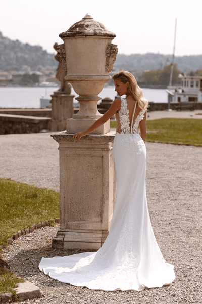 Mermaid Wedding Gown with Train - Sleeveless Wedding Dress with V - Neck - Floral Lace Dress Plus Size - WonderlandByLilian