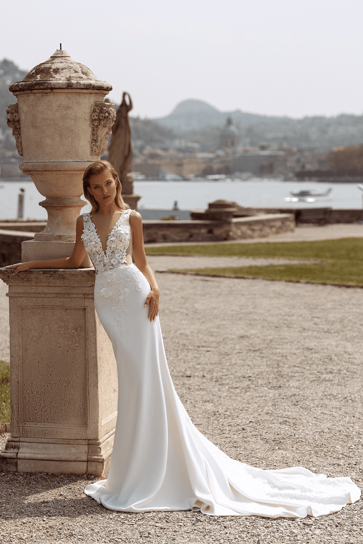 Mermaid Wedding Gown with Train - Sleeveless Wedding Dress with V - Neck - Floral Lace Dress Plus Size - WonderlandByLilian