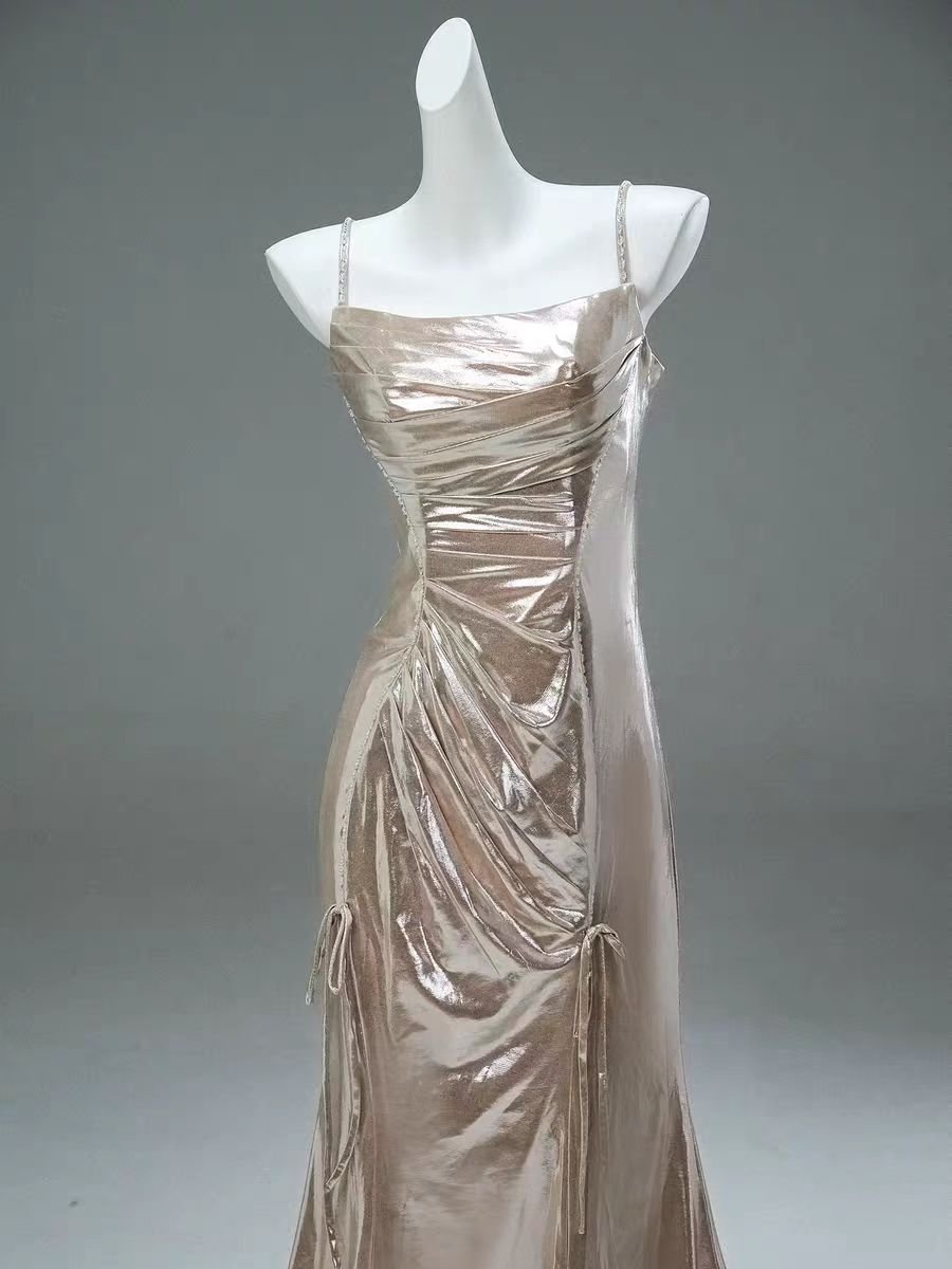 Metallic Blush Satin Evening Gown with Spaghetti Straps - Plus Size Elegant Modest Dress - WonderlandByLilian