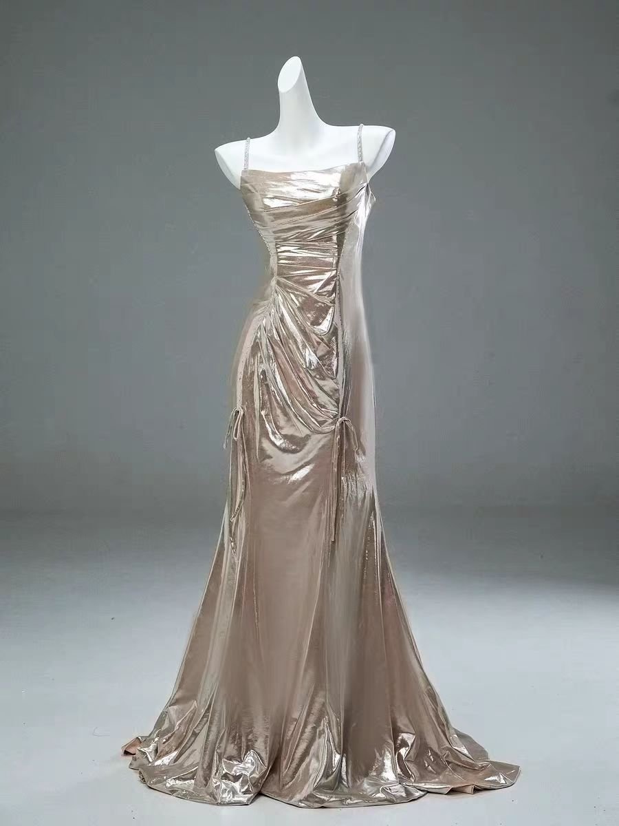 Metallic Blush Satin Evening Gown with Spaghetti Straps - Plus Size Elegant Modest Dress - WonderlandByLilian