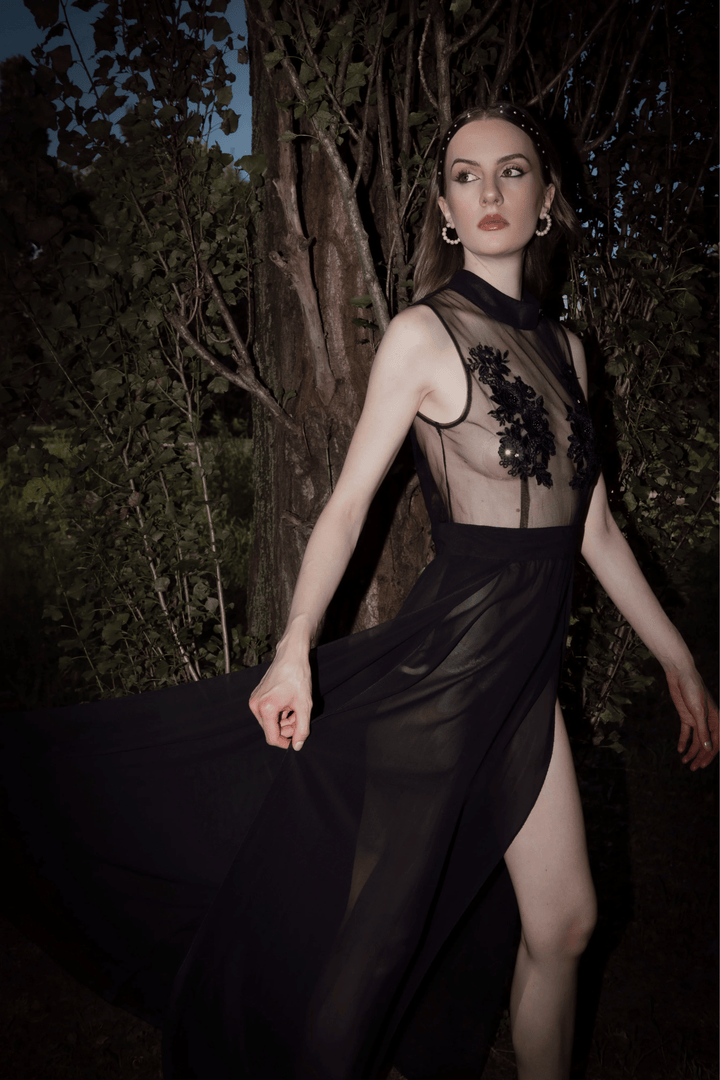 Midnight Elegance Sheer Mesh Night Gown with Floral Embroidery - WonderlandByLilian