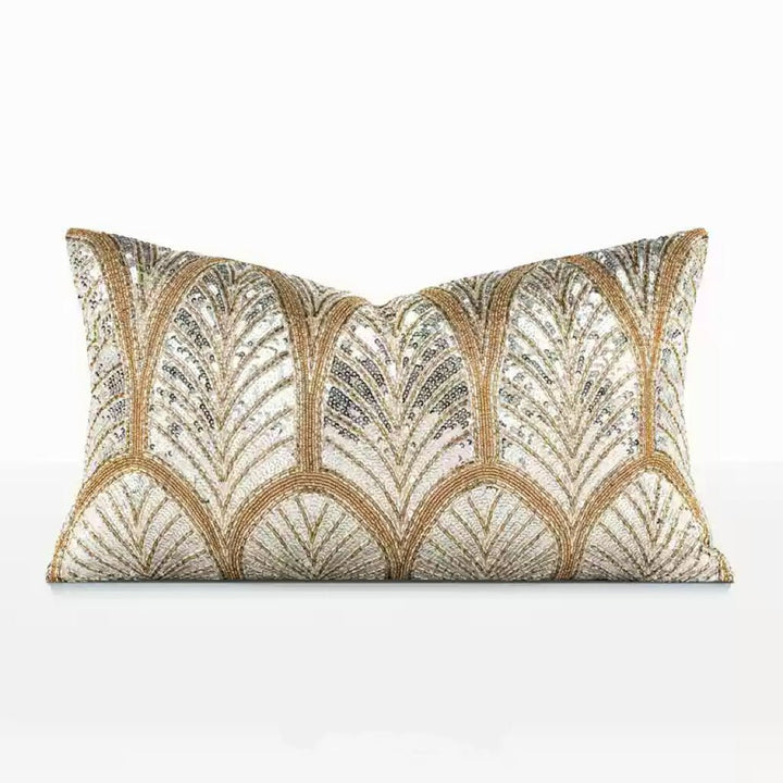 “Midnight Palms” Beaded Art Deco Cushion – Handmade Sequin Silver Pillow with Vintage Glam Elegance - WonderlandByLilian