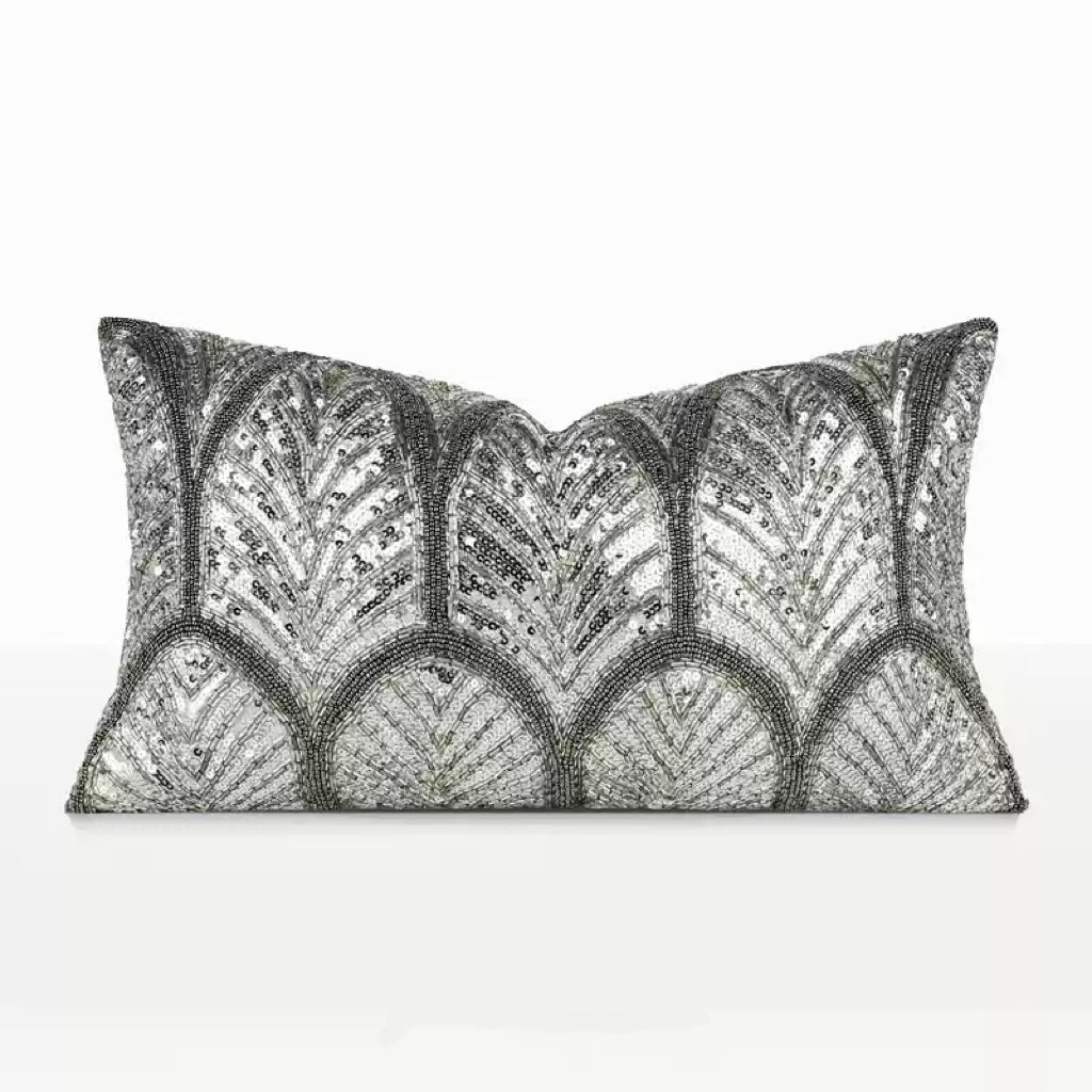“Midnight Palms” Beaded Art Deco Cushion – Handmade Sequin Silver Pillow with Vintage Glam Elegance - WonderlandByLilian