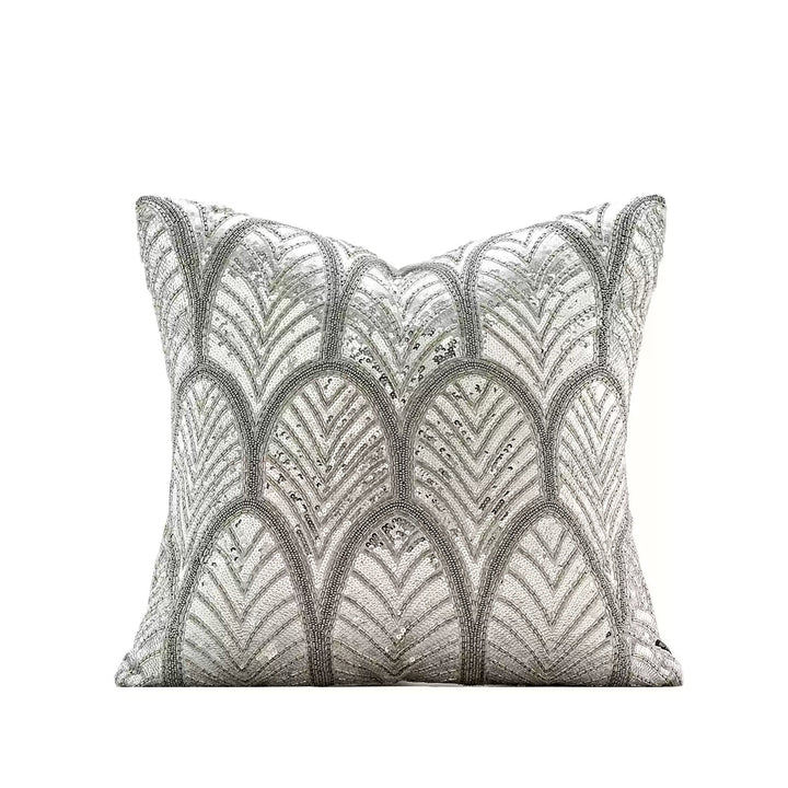 “Midnight Palms” Beaded Art Deco Cushion – Handmade Sequin Silver Pillow with Vintage Glam Elegance - WonderlandByLilian