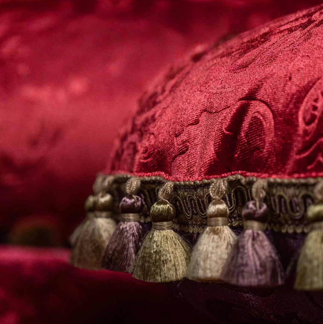 Midnight Regal – Handmade Purple Velvet Cushion with Embossed Baroque Pattern and Pom Trim - WonderlandByLilian