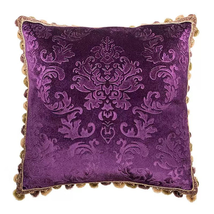 Midnight Regal – Handmade Purple Velvet Cushion with Embossed Baroque Pattern and Pom Trim - WonderlandByLilian