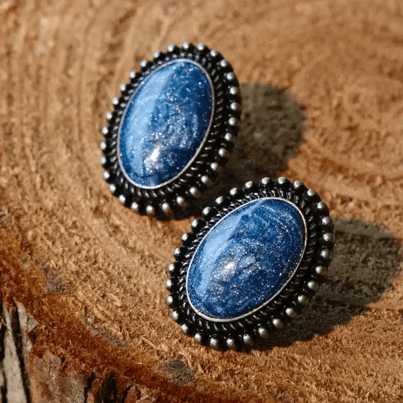 Midnight Reverie – Handmade Vintage Blue Oval Earrings – The Blue Night Star River - WonderlandByLilian