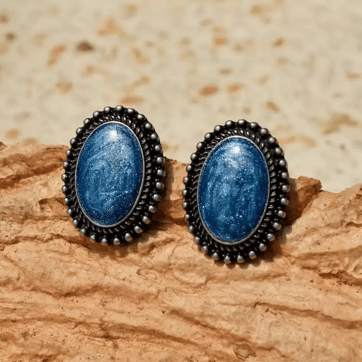 Midnight Reverie – Handmade Vintage Blue Oval Earrings – The Blue Night Star River - WonderlandByLilian