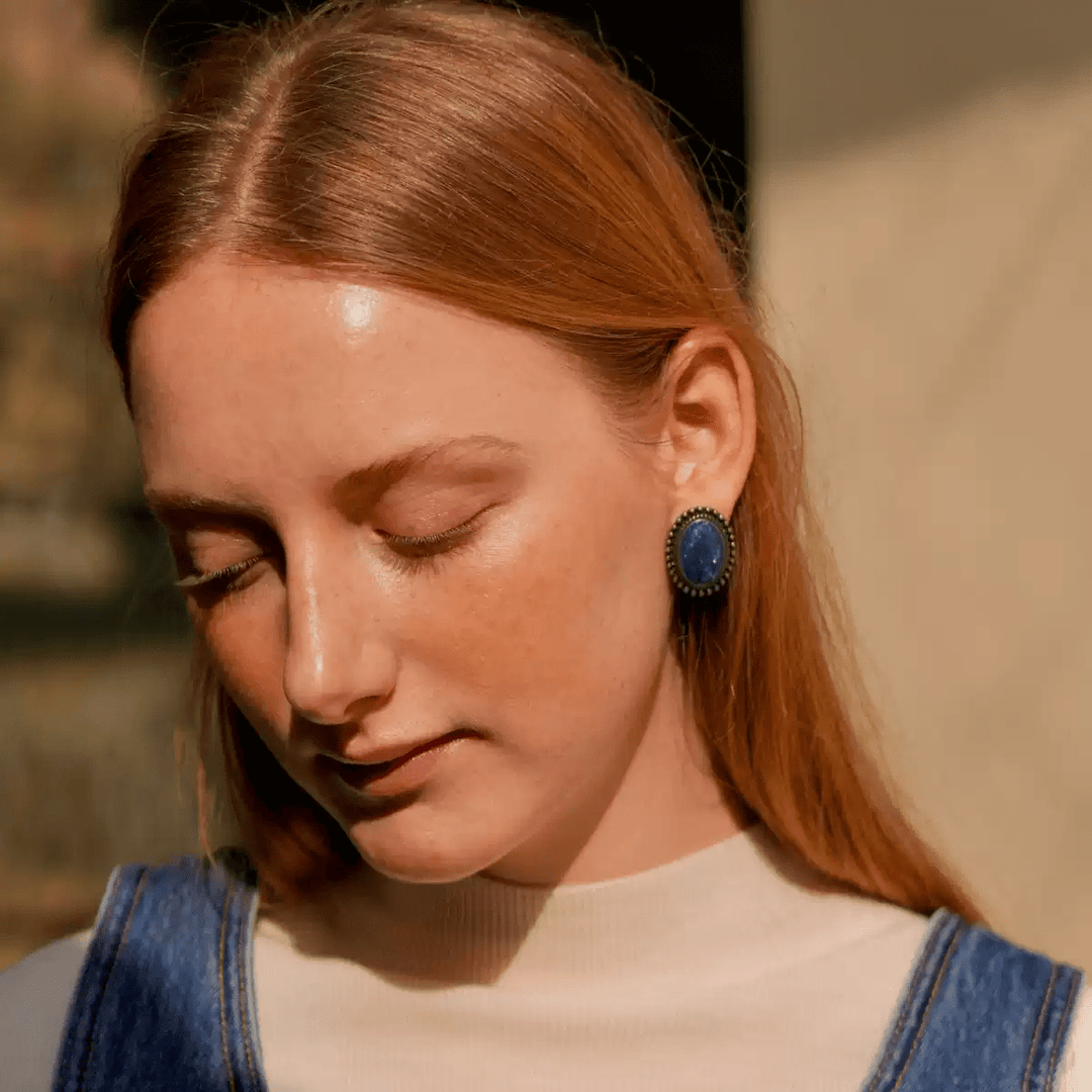Midnight Reverie – Handmade Vintage Blue Oval Earrings – The Blue Night Star River - WonderlandByLilian
