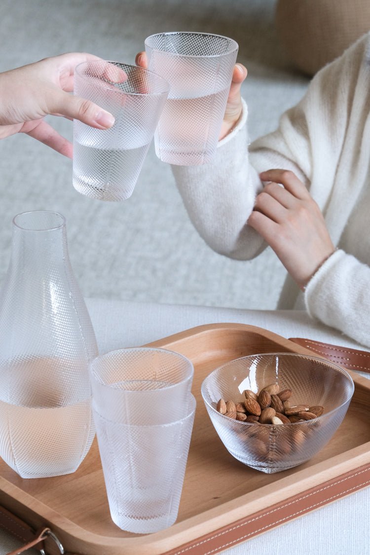 Minimalist Handmade Murano Clear Glass Carafe and Bowl Set with Nano Texture Italian Import - WonderlandByLilian