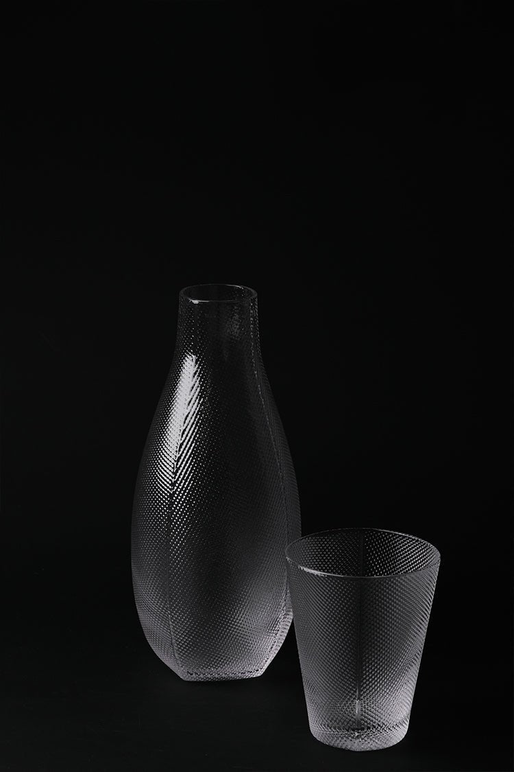 Minimalist Handmade Murano Clear Glass Carafe and Bowl Set with Nano Texture Italian Import - WonderlandByLilian