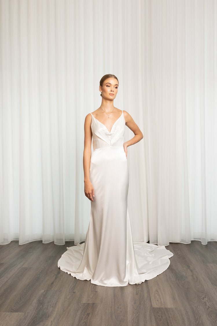 Minimalist Simple Silky Satin Bridal Gown with V-Neckline Plus Size - LEONA - WonderlandByLilian