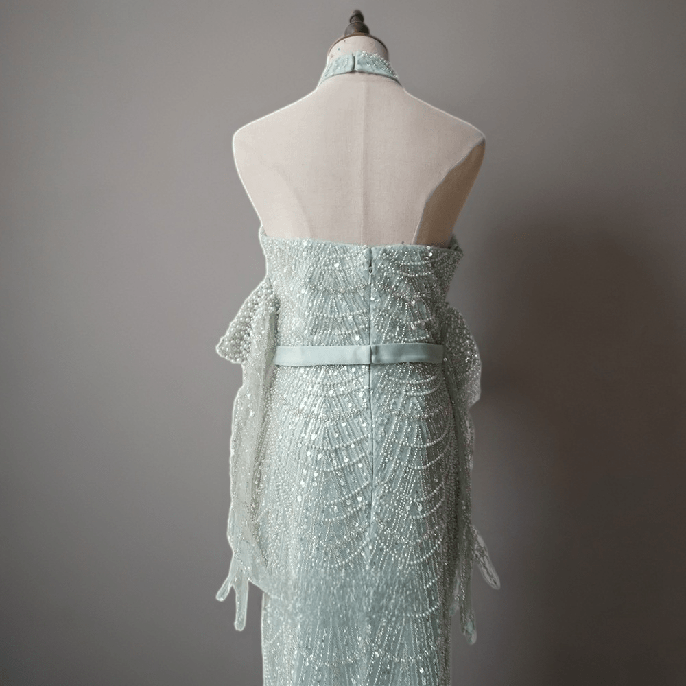 Mint Green Beaded Cold-Shoulder Dress - Pretty Sequin Dress- Elegant Halter Neck Sequin Evening Gown Plus Size - WonderlandByLilian