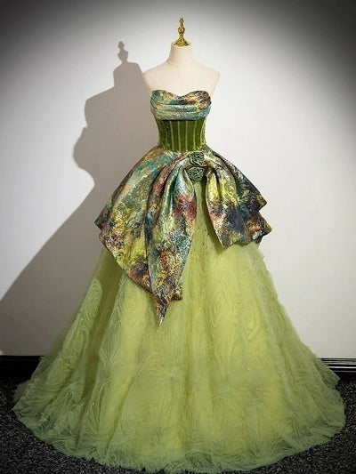 Mint Green Corset Evening Dress with Painterly Silk - Green Off-Shoulder Ball Gown Plus Size - WonderlandByLilian