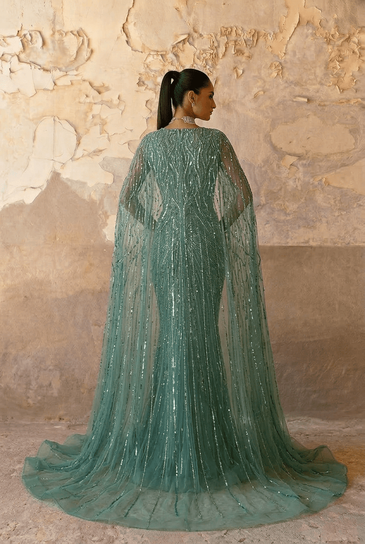 Mint Green Designer Sequin Gown – Sparkly Maxi Dress with Long Sleeves and Train Plus Size - WonderlandByLilian