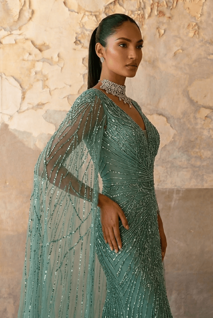 Mint Green Designer Sequin Gown – Sparkly Maxi Dress with Long Sleeves and Train Plus Size - WonderlandByLilian