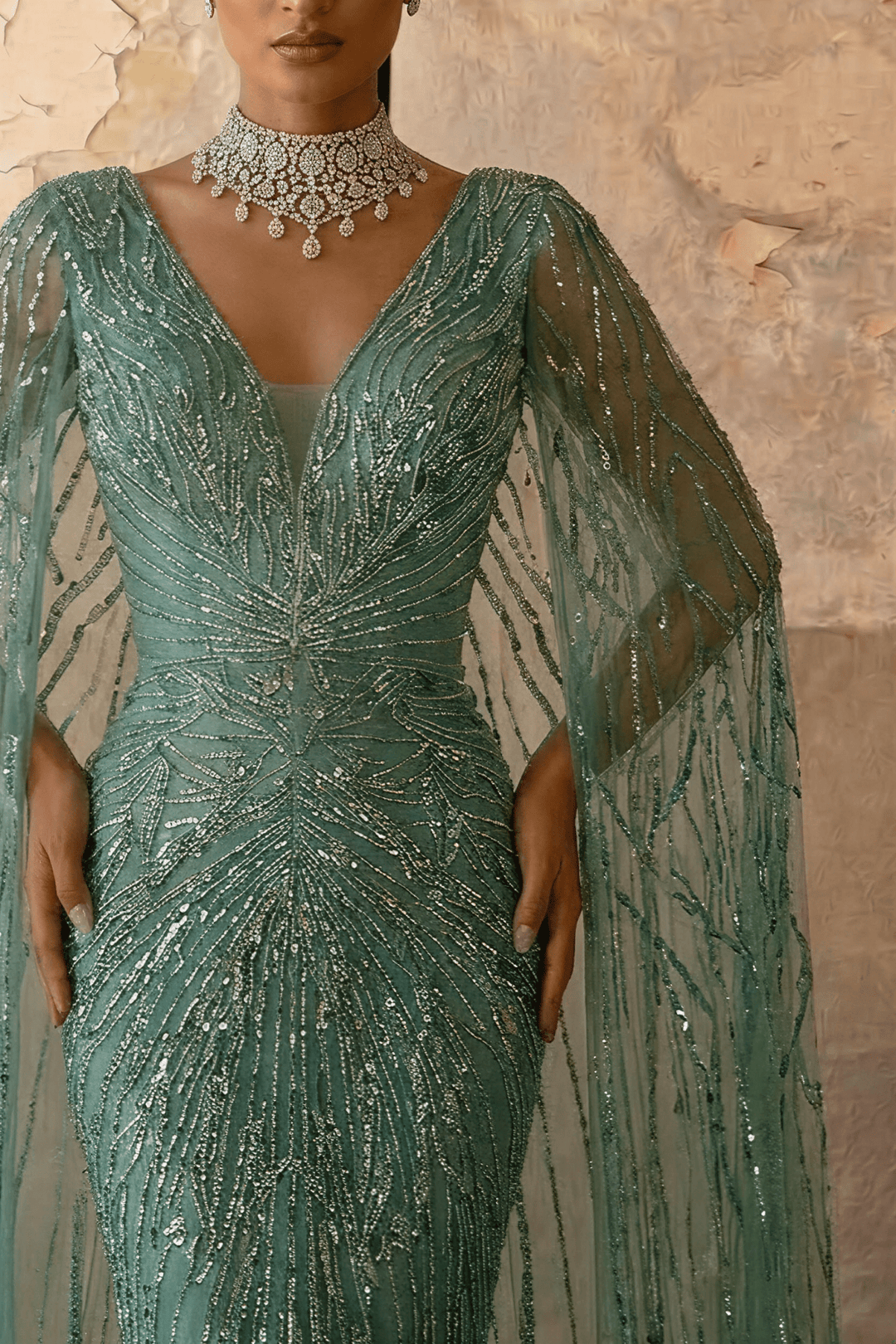 Mint Green Designer Sequin Gown – Sparkly Maxi Dress with Long Sleeves and Train Plus Size - WonderlandByLilian