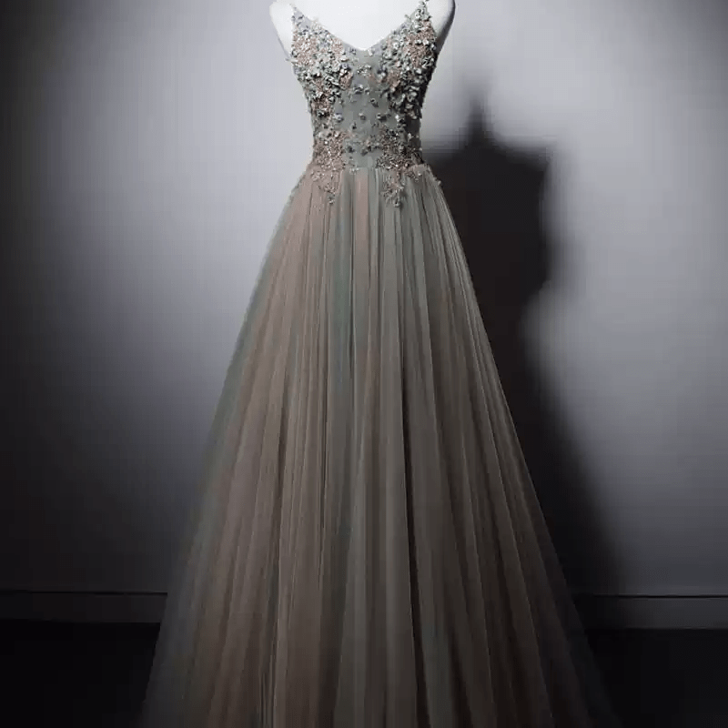 Mint Green Embroidered Evening Gown with Tulle - V-Neck Evening Dress with Corset Back Plus SIze Mint Green Embroidered Evening Gown with Tulle - V-Neck Evening Dress with Corset Back Plus SIze