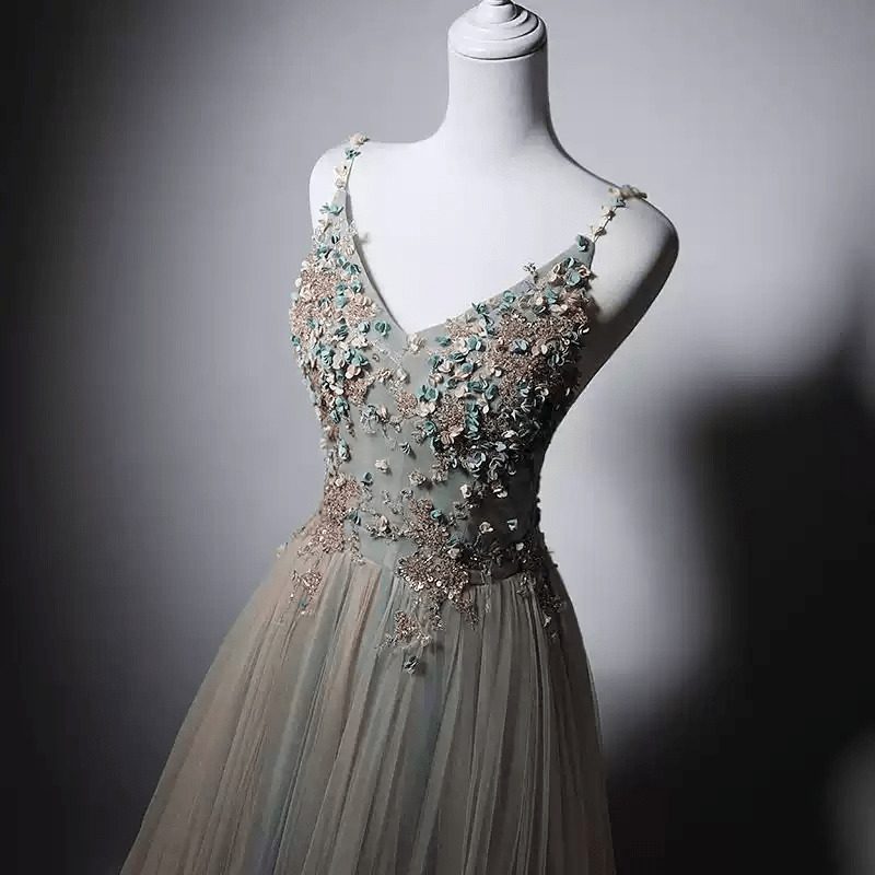 Mint Green Embroidered Evening Gown with Tulle - V - Neck Evening Dress with Corset Back Plus SIze - WonderlandByLilian