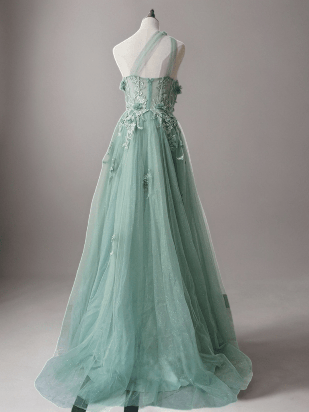 Mint Green Floral Applique Tulle Dress - Elegant One-Shoulder and Beaded Evening Gown Plus Size - WonderlandByLilian