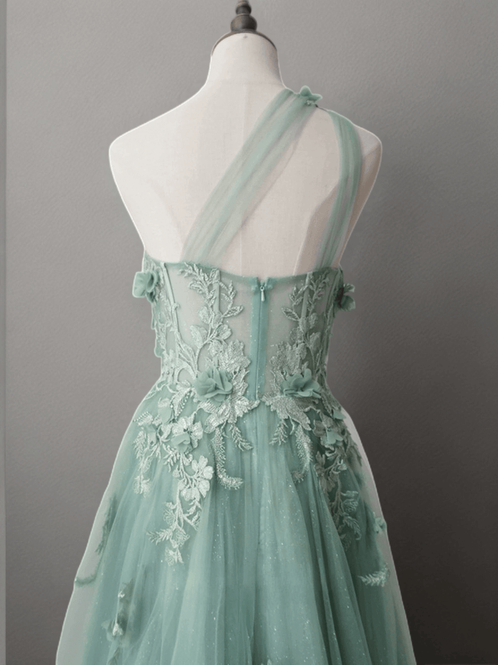 Mint Green Floral Applique Tulle Dress - Elegant One-Shoulder and Beaded Evening Gown Plus Size - WonderlandByLilian