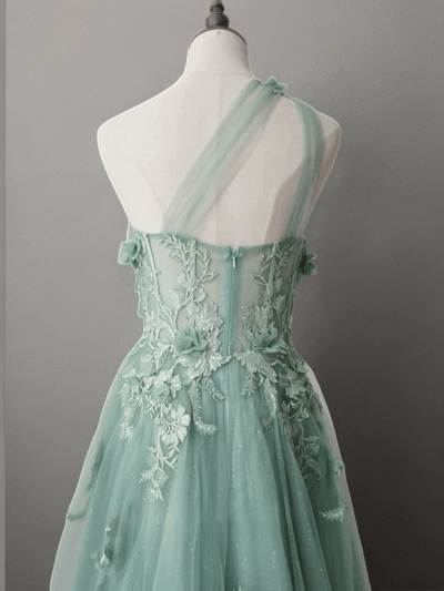 Mint Green Floral Applique Tulle Dress - Elegant One-Shoulder and Beaded Evening Gown Plus Size - WonderlandByLilian