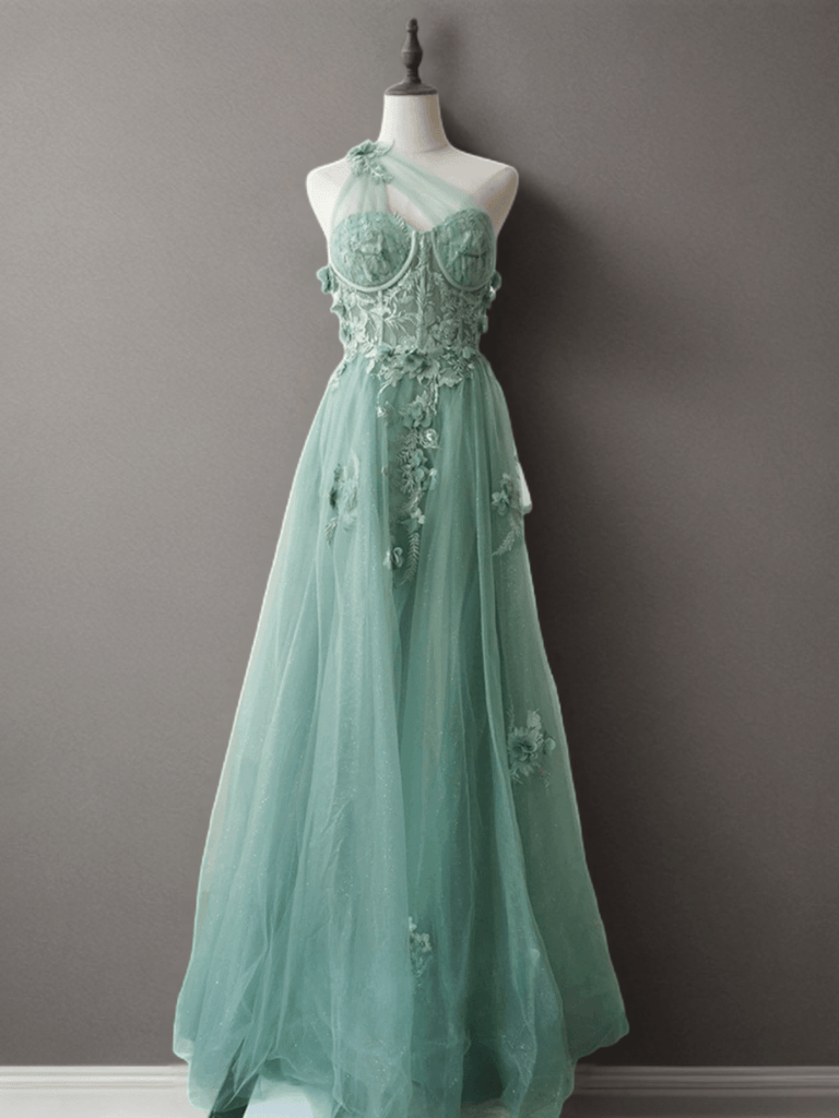 Mint Green Floral Applique Tulle Dress - Elegant One-Shoulder and Beaded Evening Gown Plus Size Size 8 / Green Mint Green Floral Applique Tulle Dress - Elegant One-Shoulder and Beaded Evening Gown Plus Size Size 8 / Green