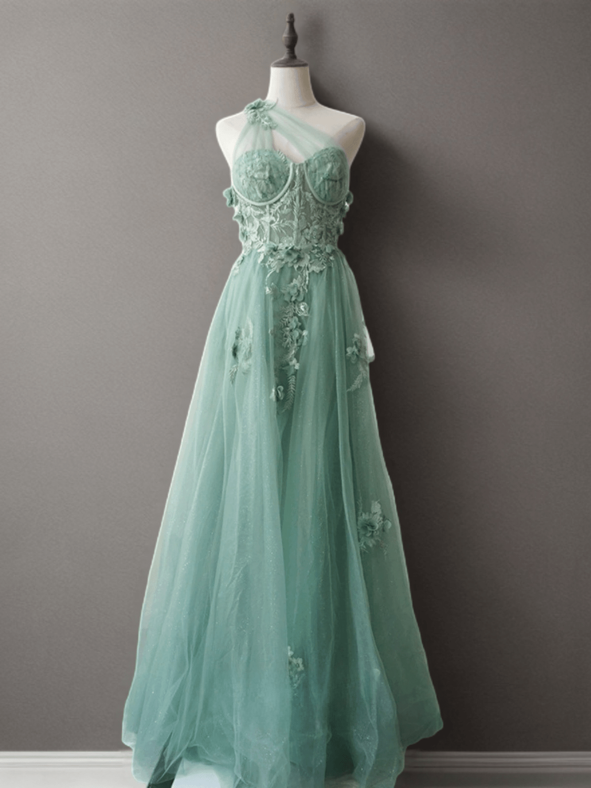 Mint Green Floral Applique Tulle Dress - Elegant One-Shoulder and Beaded Evening Gown Plus Size - WonderlandByLilian
