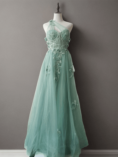 Mint Green Floral Applique Tulle Dress - Elegant One-Shoulder and Bead   WonderlandByLilian