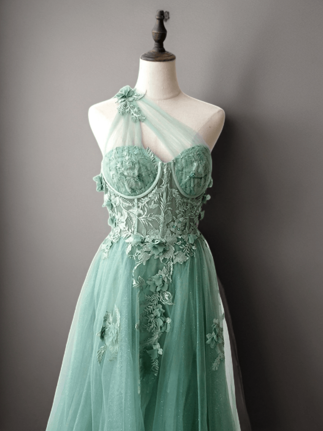 Mint Green Floral Applique Tulle Dress - Elegant One-Shoulder and Beaded Evening Gown Plus Size - WonderlandByLilian