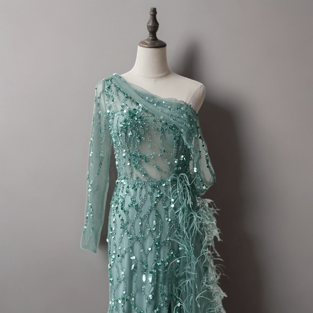 Mint Green One-Shoulder Sequin Dress Feather Dress - Elegant Tulle Evening Gown Plus Size Size 18W / Teal Green Mint Green One-Shoulder Sequin Dress Feather Dress - Elegant Tulle Evening Gown Plus Size Size 18W / Teal Green