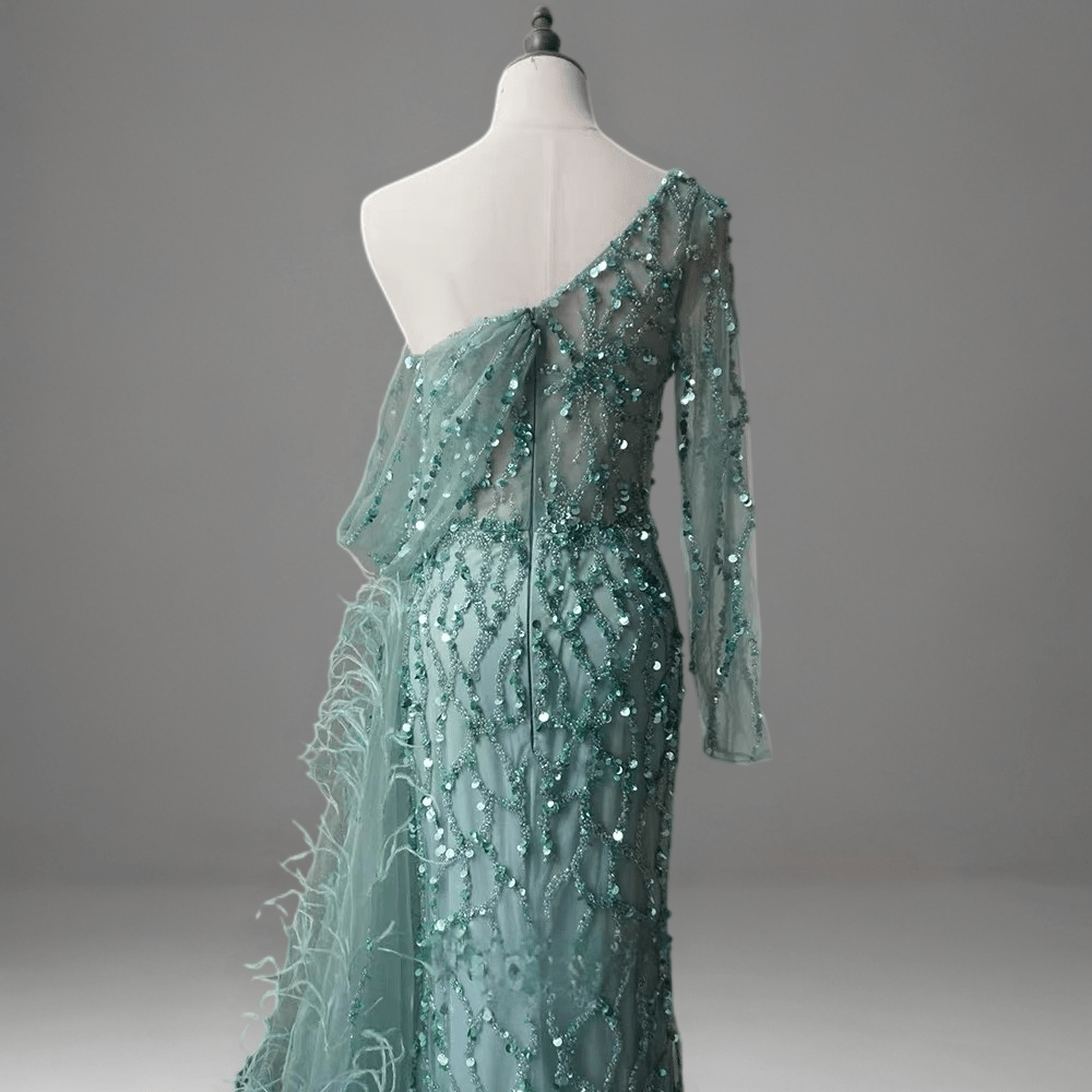 Mint Green One-Shoulder Sequin Dress Feather Dress - Elegant Tulle Evening Gown Plus Size - WonderlandByLilian