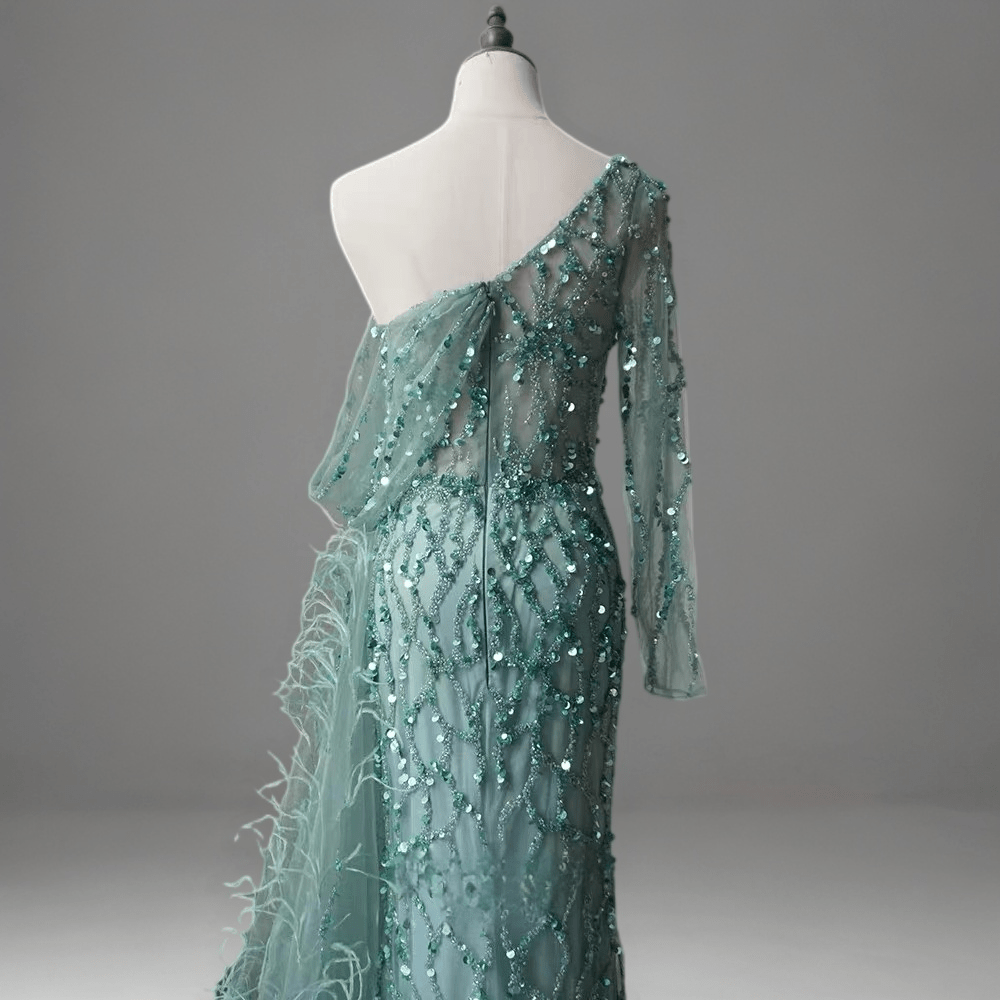 Mint Green One-Shoulder Sequin Dress Feather Dress - Elegant Tulle Evening Gown Plus Size Size 18W / Teal Green Mint Green One-Shoulder Sequin Dress Feather Dress - Elegant Tulle Evening Gown Plus Size Size 18W / Teal Green