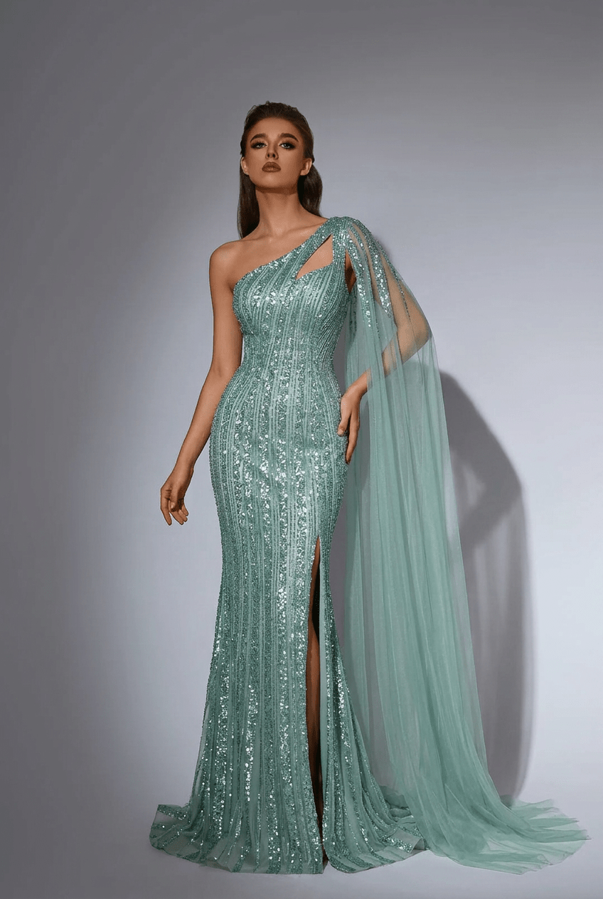Mint Green One - Shoulder Sequin Evening Gown – Glitter Maxi Dress with Cape Sleeve and Train Plus Size - WonderlandByLilian