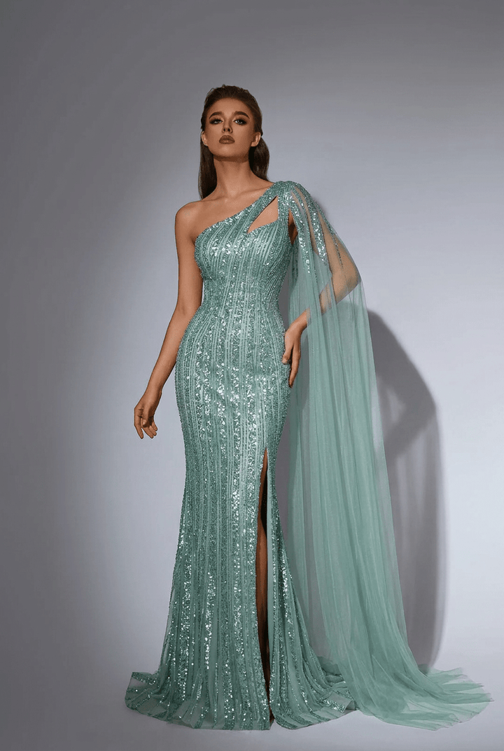 Mint Green One - Shoulder Sequin Evening Gown – Glitter Maxi Dress with Cape Sleeve and Train Plus Size - WonderlandByLilian