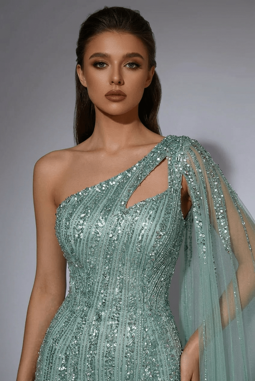 Mint Green One - Shoulder Sequin Evening Gown – Glitter Maxi Dress with Cape Sleeve and Train Plus Size - WonderlandByLilian