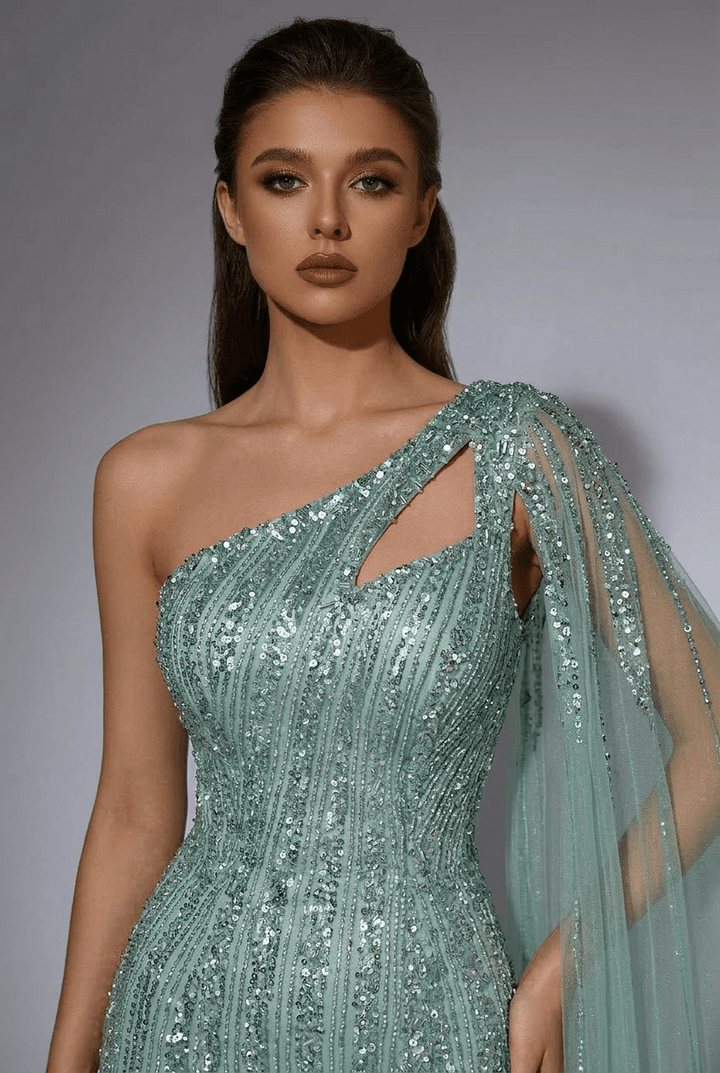 Mint Green One - Shoulder Sequin Evening Gown – Glitter Maxi Dress with Cape Sleeve and Train Plus Size - WonderlandByLilian