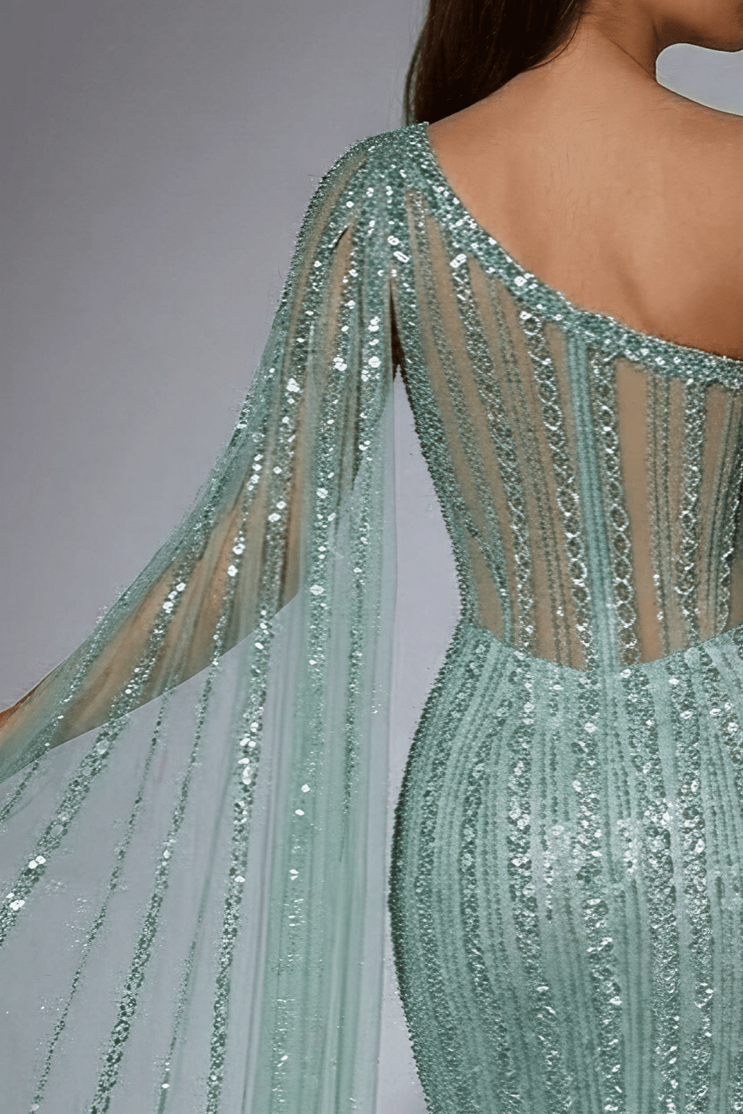Mint Green One - Shoulder Sequin Evening Gown – Glitter Maxi Dress with Cape Sleeve and Train Plus Size - WonderlandByLilian