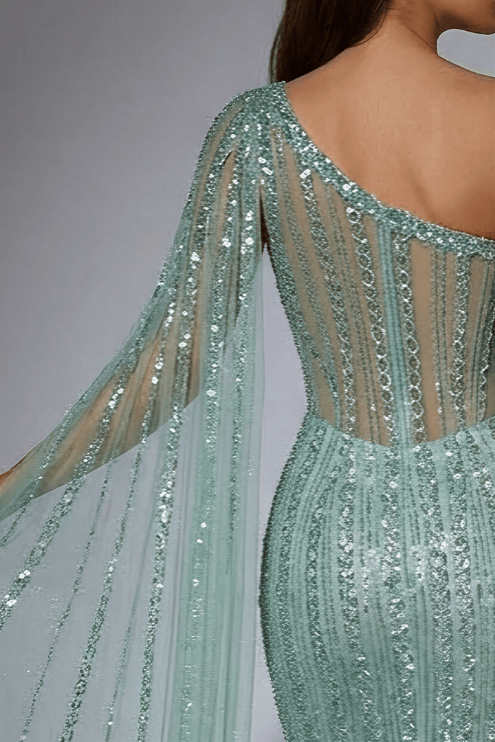 Mint Green One - Shoulder Sequin Evening Gown – Glitter Maxi Dress with Cape Sleeve and Train Plus Size - WonderlandByLilian