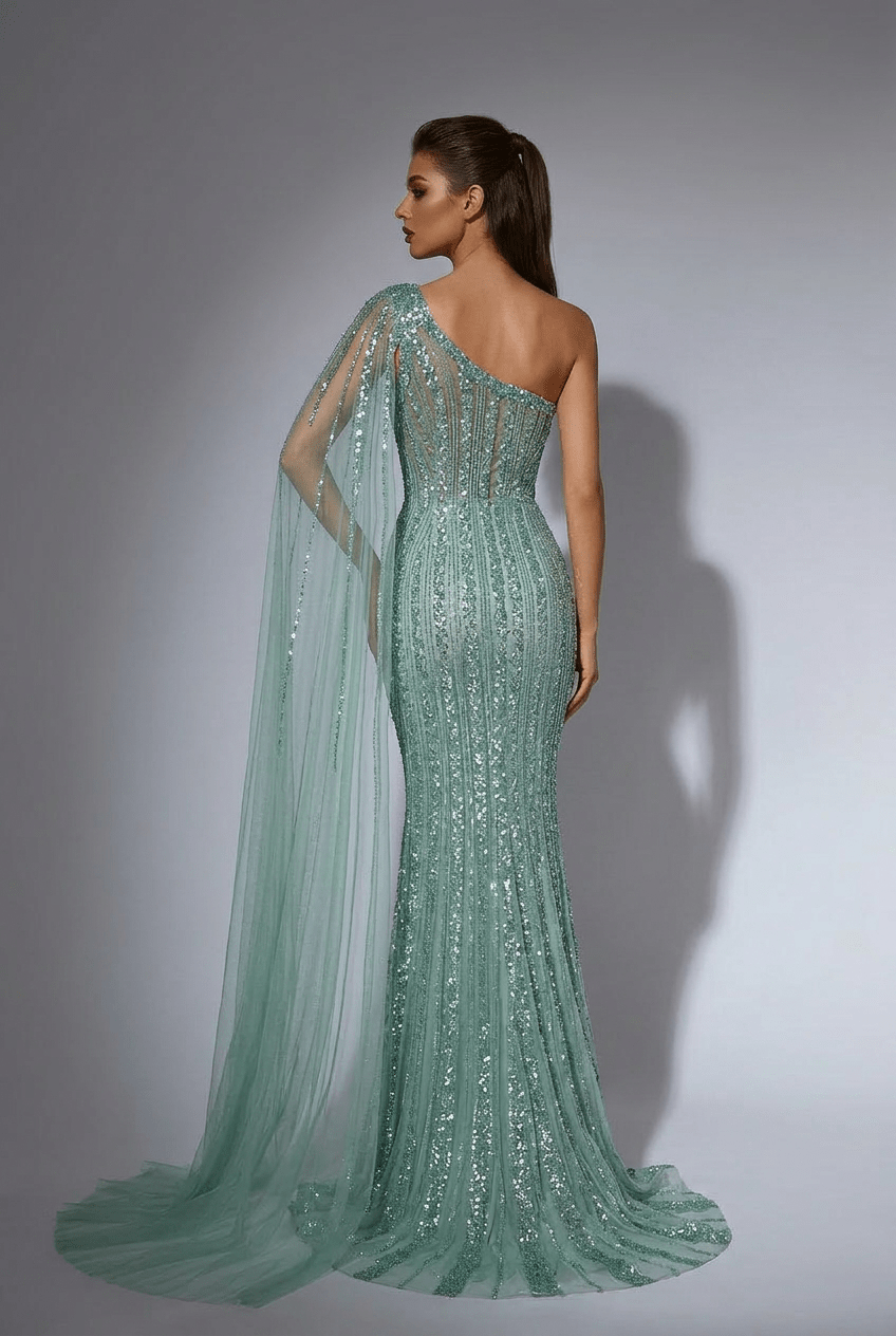 Mint Green One - Shoulder Sequin Evening Gown – Glitter Maxi Dress with Cape Sleeve and Train Plus Size - WonderlandByLilian