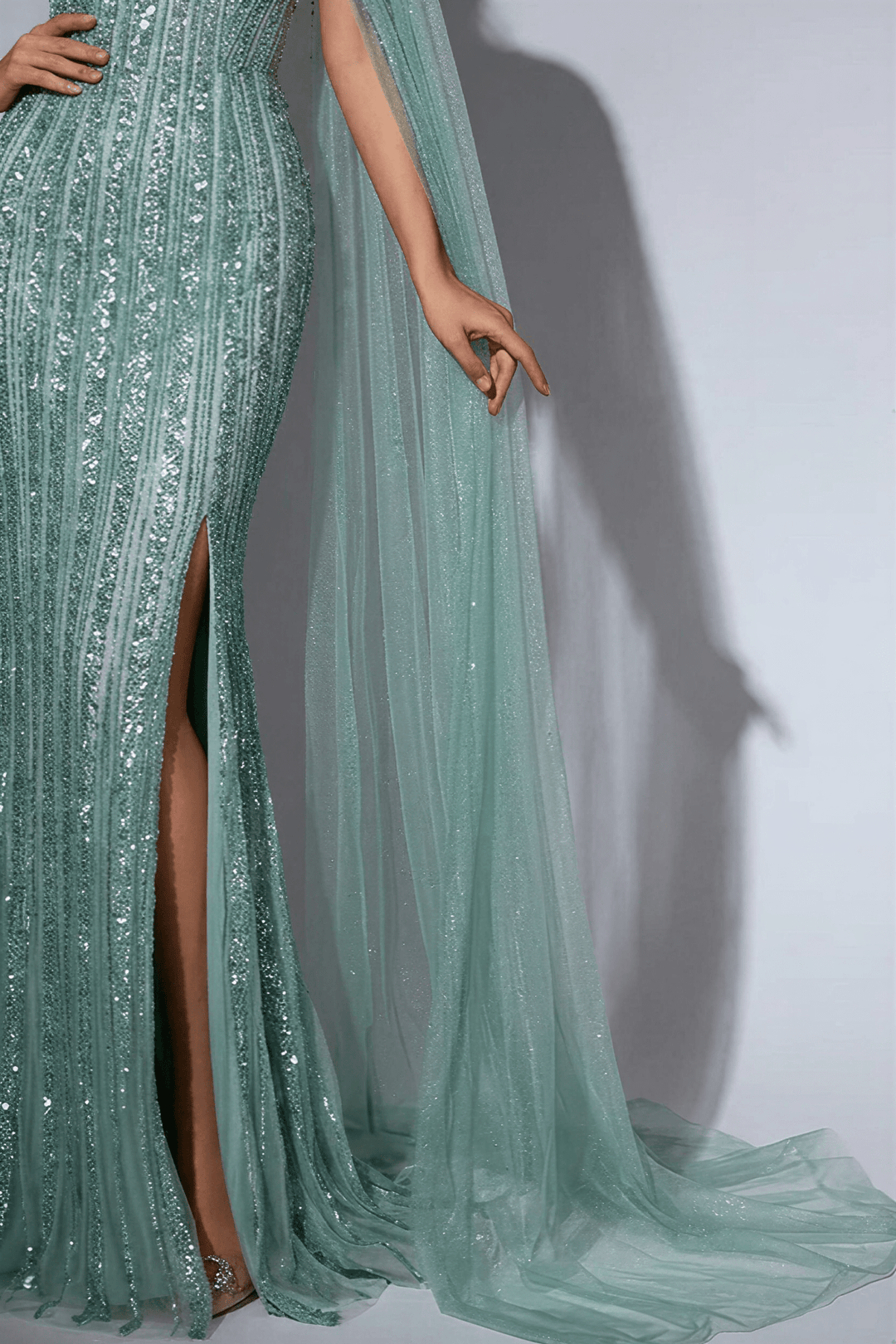 Mint Green One - Shoulder Sequin Evening Gown – Glitter Maxi Dress with Cape Sleeve and Train Plus Size - WonderlandByLilian