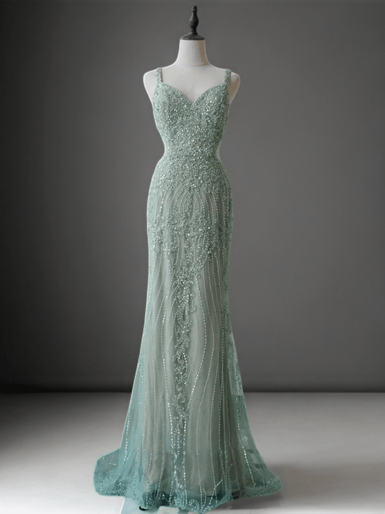 mint green strappy dress White Lace SPAGHETTI STRAPS High Split Mint green Evening Dress, Mint green / US2