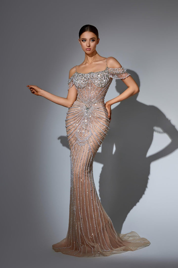 Mint Green Sequin Dress with Pearl Embellished Bodice and Cold Shoulder Sleeves – Embellished Gown Plus Size - WonderlandByLilian