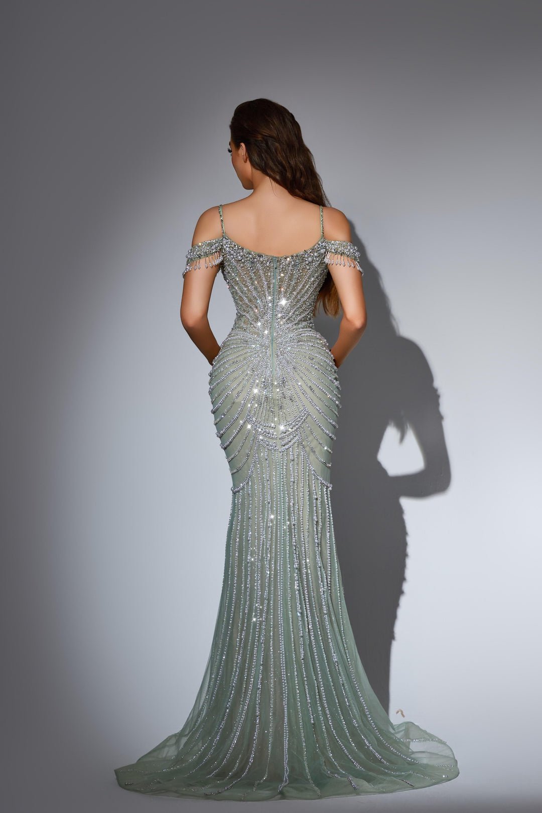 Mint Green Sequin Dress with Pearl Embellished Bodice and Cold Shoulder Sleeves – Embellished Gown Plus Size - WonderlandByLilian