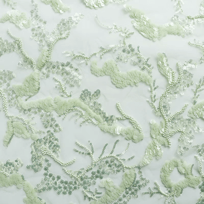 Mint Green Sequin Embroidered Tulle Fabric - WonderlandByLilian