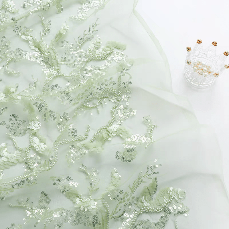 Mint Green Sequin Embroidered Tulle Fabric - WonderlandByLilian