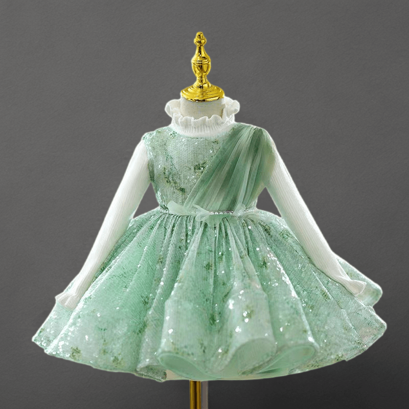 Mint Green Sequin Tulle Flower Girl Dress for Wedding Draped Sleeves Plus Size 5Y Mint Green Sequin Tulle Flower Girl Dress for Wedding Draped Sleeves Plus Size 5Y