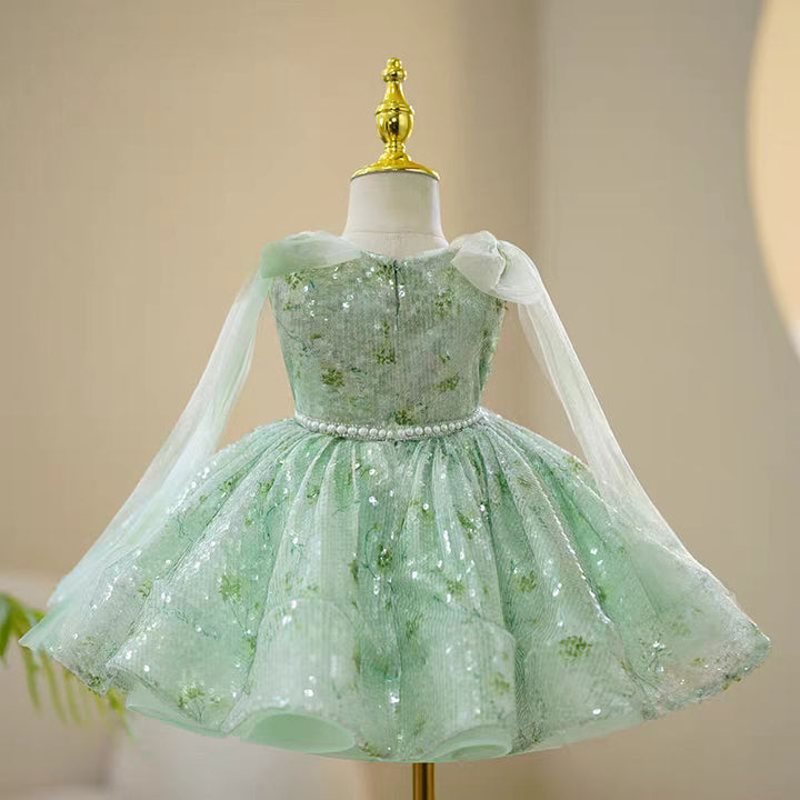 Mint Green Sequin Tulle Flower Girl Dress for Wedding – Draped Sleeves Plus Size - WonderlandByLilian