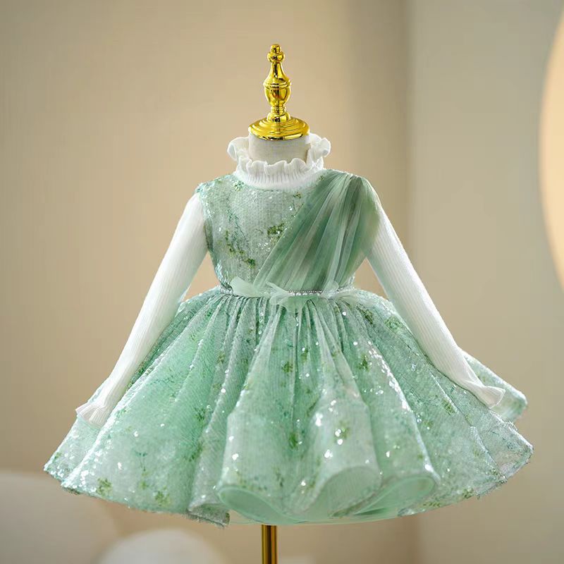 Mint Green Sequin Tulle Flower Girl Dress for Wedding – Draped Sleeves Plus Size - WonderlandByLilian